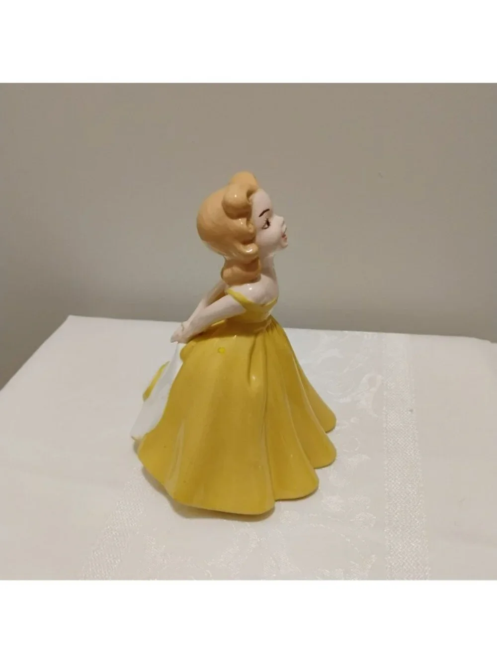 Vtg 1966 Ceramic Girl Figurine Yellow Ballgown Dress Sun Hat Hand Painted MCM
